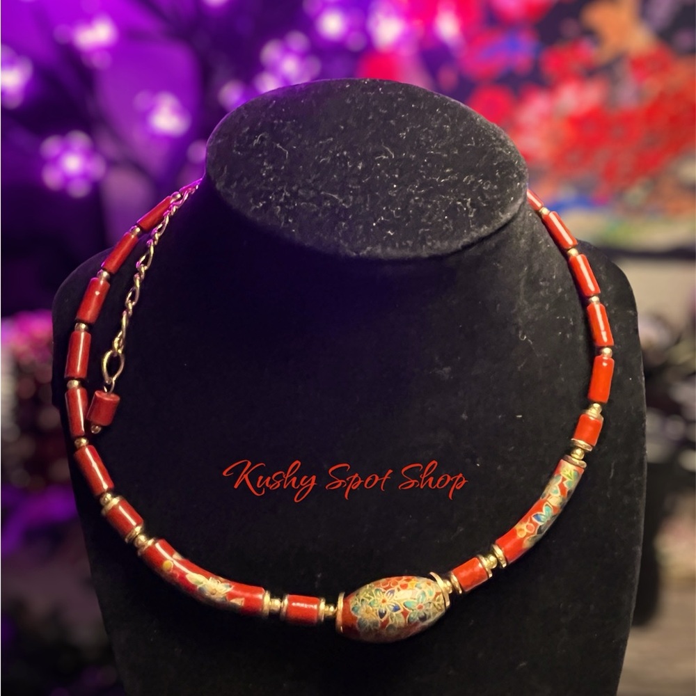 Vintage Carnelian Barrel Bead Choker style with Cloisonné ✨🪸✴️🧡 w/ extender